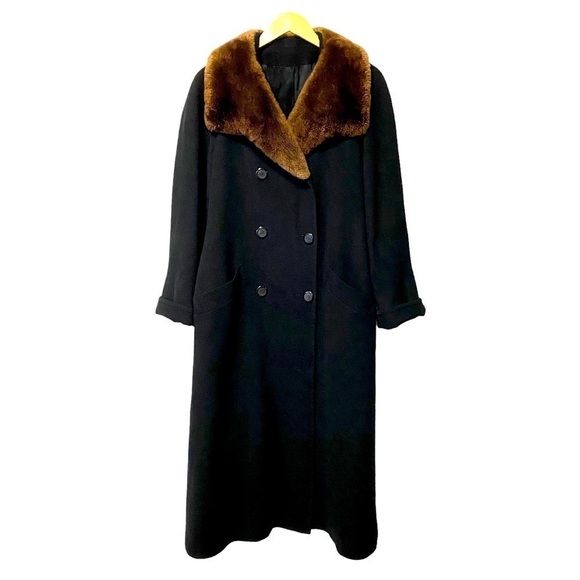 Vintage Camel Hair Maxi Coat Black Fur Trimmed Overcoat Nordstrom Gallery Womens - Picture 1 of 14